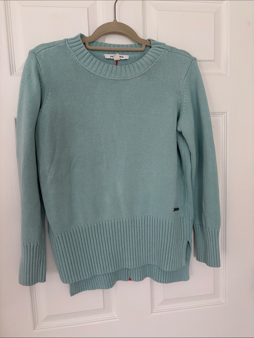 Peace Love World Aqua 100% Cotton Crewneck Sweater Ribbed Bottom Stripe